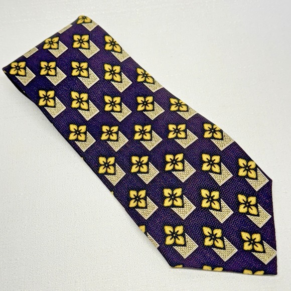 Z Inc Silk Purple Gold Geometric Floral Neat Hand Made in Korea Woven SIlk Tie - Picture 1 of 5